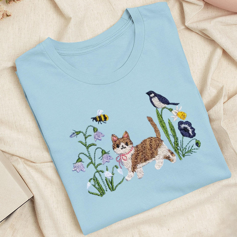 Embroidered Cat Wildflower Classic Adult Unisex Crew Neck T-Shirt