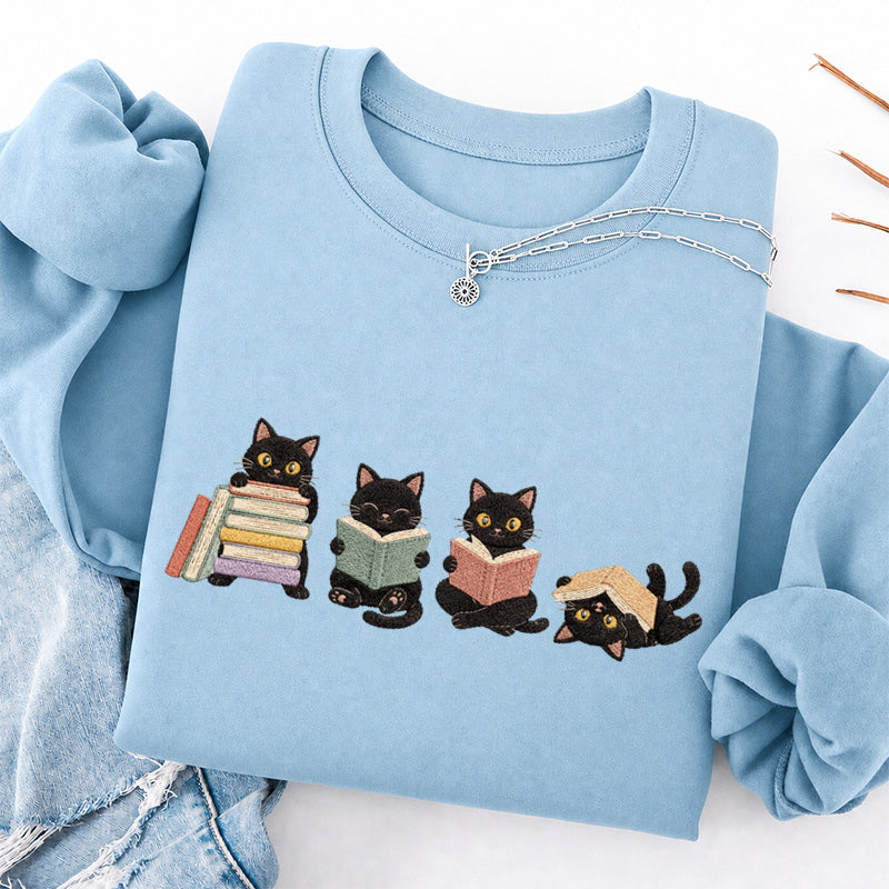 Embroidered Cat Reading Classic Crewneck Sweatshirt