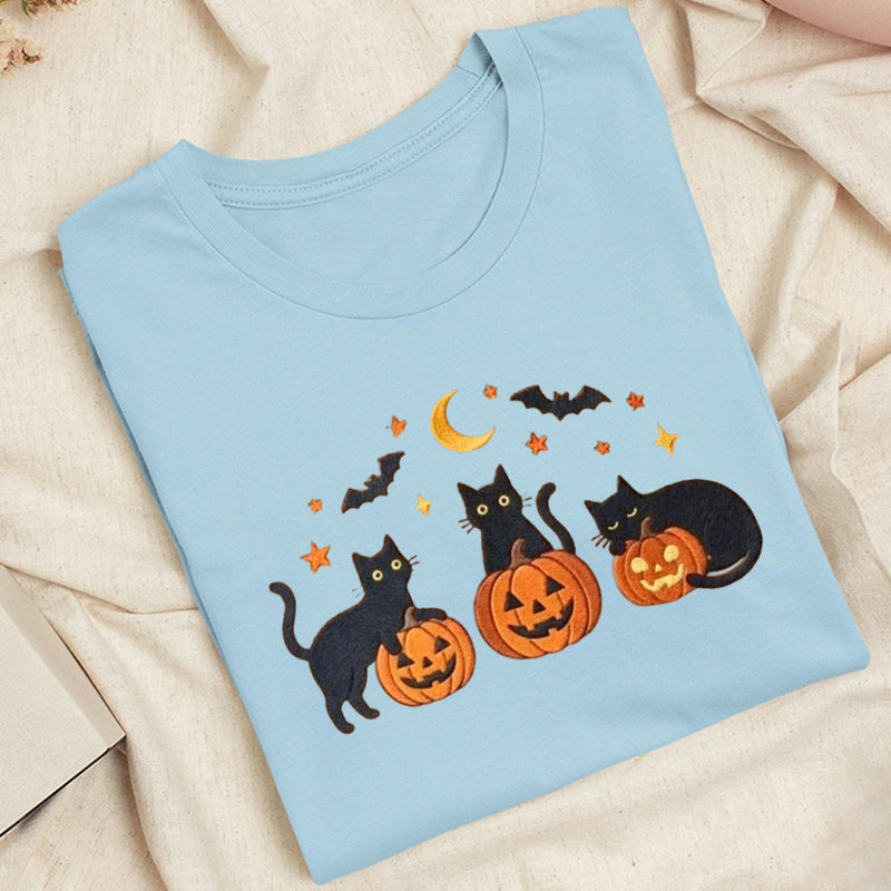 Embroidered Black Cats Pumpkins Classic Adult Unisex Crew Neck T-Shirt