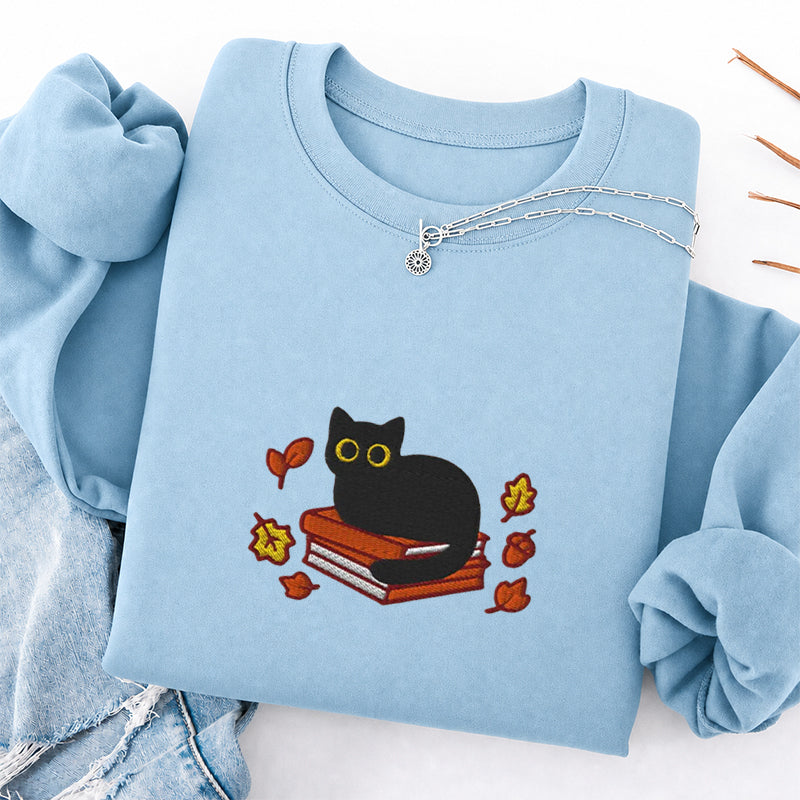 Embroidered Autumn Black Cat Book Classic Crewneck Sweatshirt