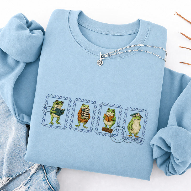 Embroidered Bookish Frog Stamp Classic Crewneck Sweatshirt