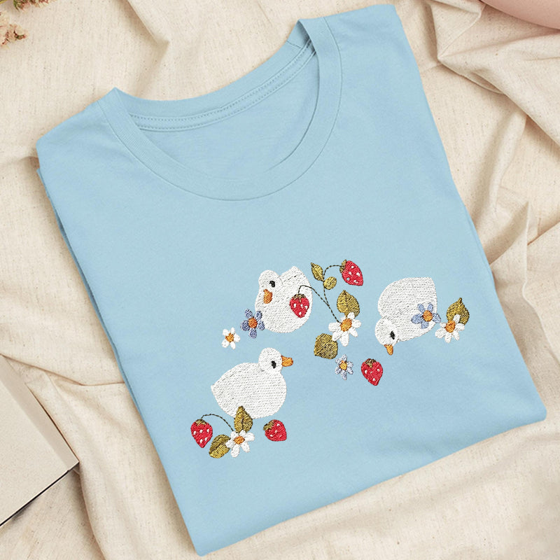 Embroidered Strawberry Duck Classic Adult Unisex Crew Neck T-Shirt