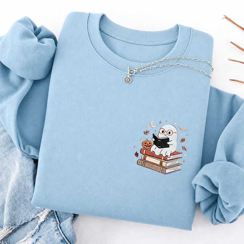 Embroidered Ghost Reading Books Classic Crewneck Sweatshirt