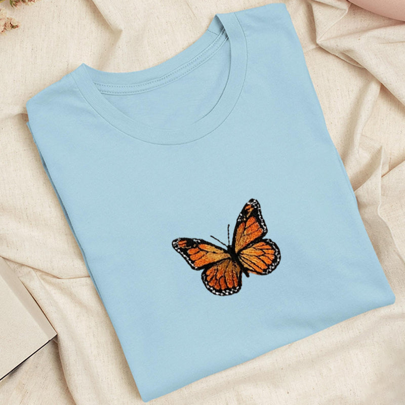 Embroidered Monarch Butterfly Classic Adult Unisex Crew Neck T-Shirt