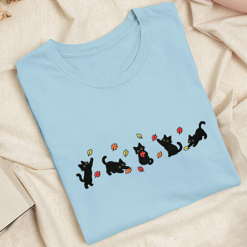 Embroidered Autumn Leaves Black Cats Classic Adult Unisex Crew Neck T-Shirt