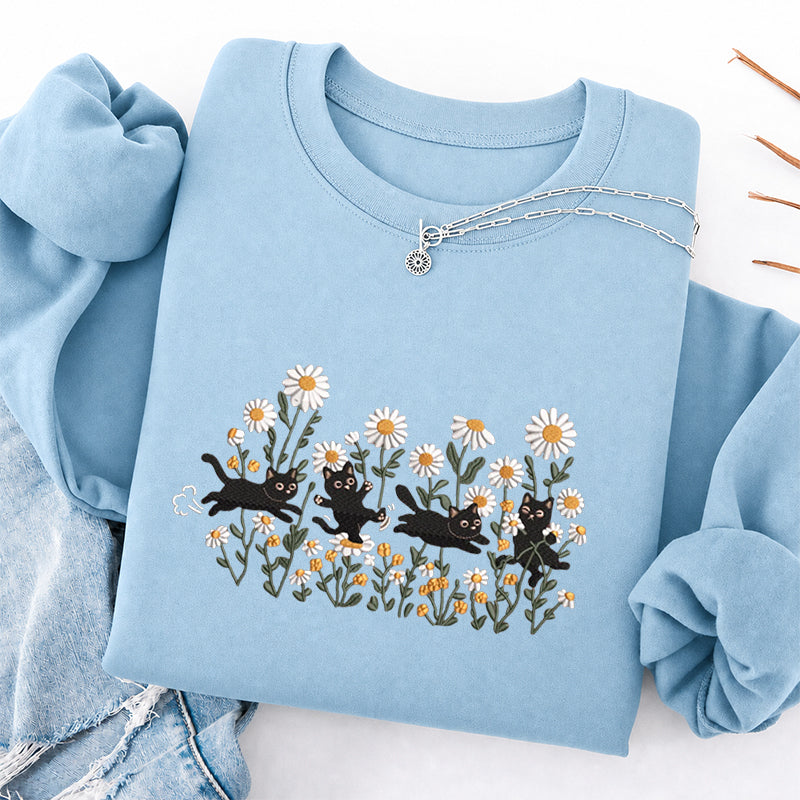 Embroidered Garden Playing Cats Daisy Classic Crewneck Sweatshirt