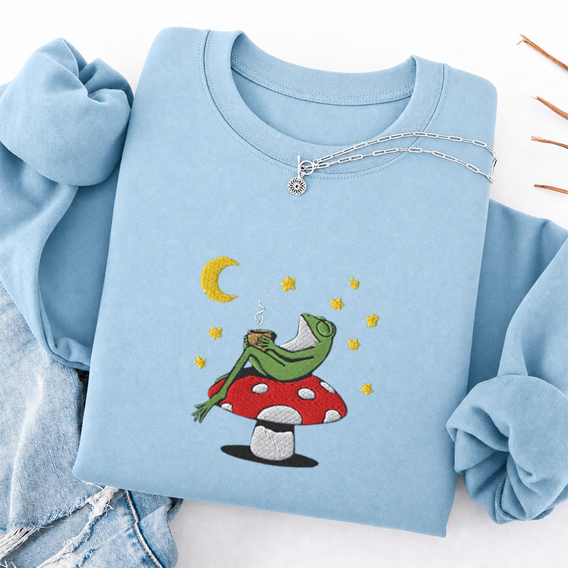 Embroidered Frog Night With Coffee Classic Crewneck Sweatshirt