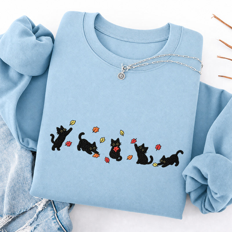 Embroidered Autumn Leaves Black Cats Classic Crewneck Sweatshirt