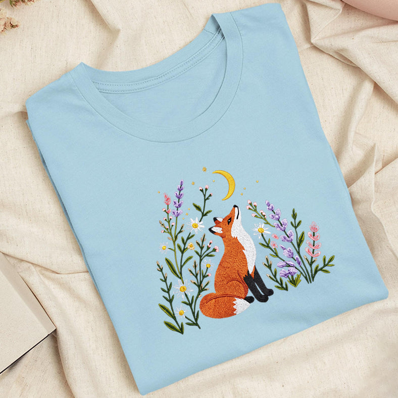 Embroidered Fox Wildflower Classic Adult Unisex Crew Neck T-Shirt