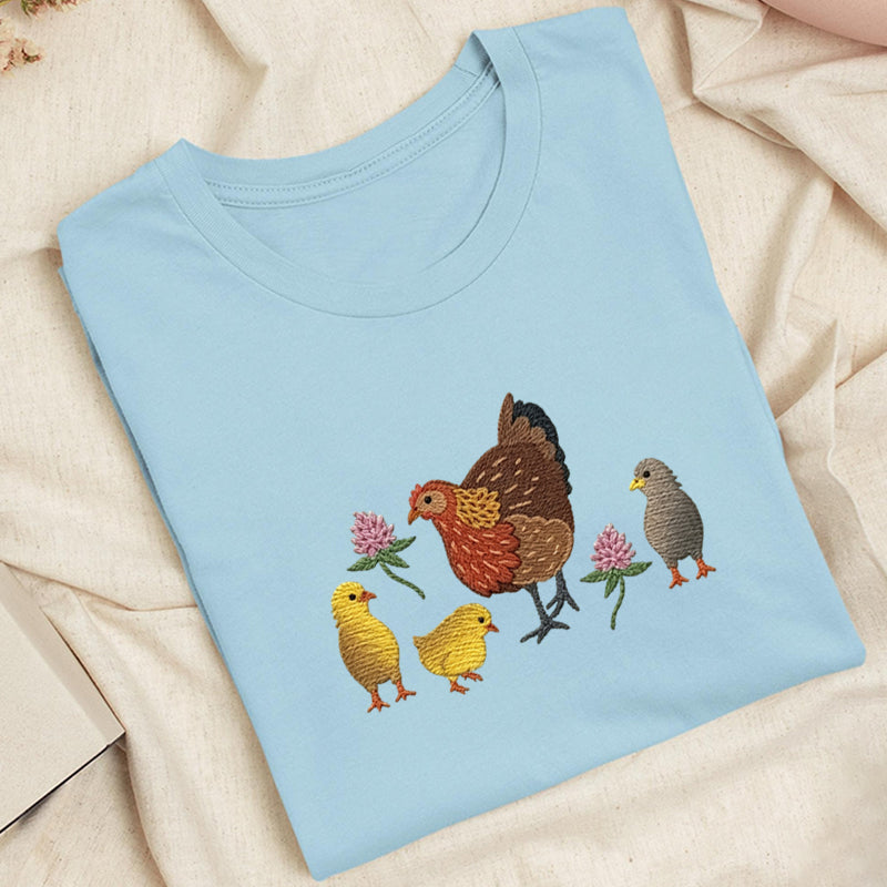 Embroidered Hen & Chicks Classic Adult Unisex Crew Neck T-Shirt