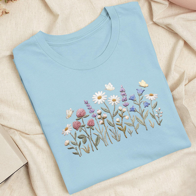 Embroidered Wildflower Classic Adult Unisex Crew Neck T-Shirt