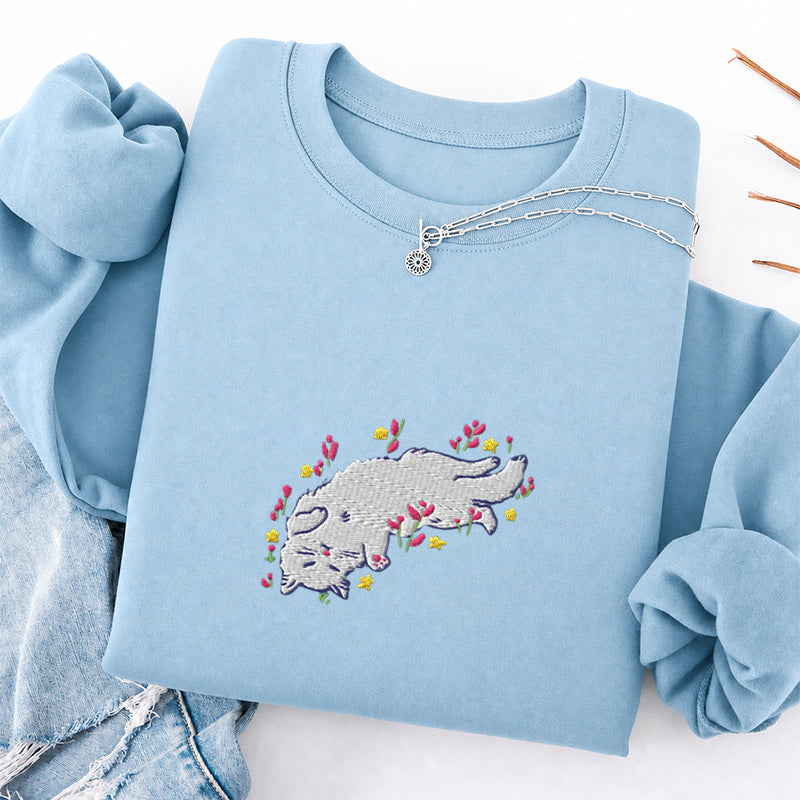 Embroidered Floral Playing Cat Classic Crewneck Sweatshirt