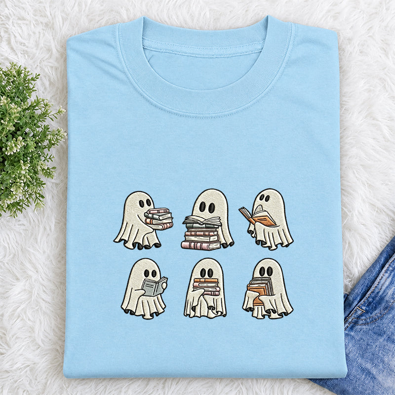 Embroidered Halloween Ghost Book Classic Crew Neck T-Shirt