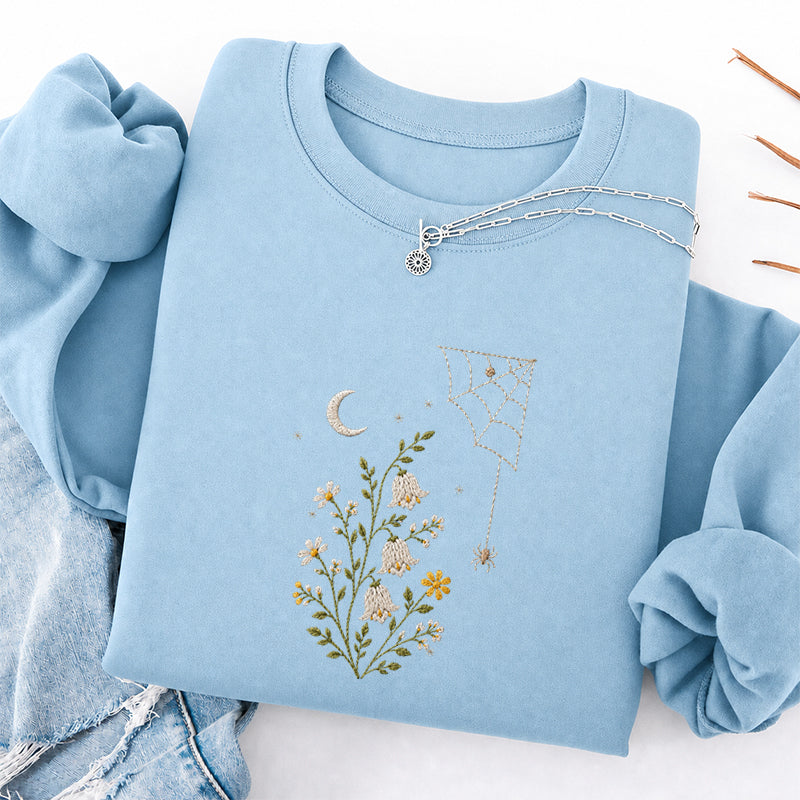 Embroidered Floral Spider Web Classic Crewneck Sweatshirt
