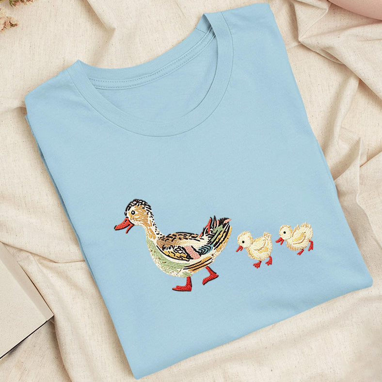 Embroidered Art Mama Duck & Ducklings Classic Adult Unisex Crew Neck T-Shirt