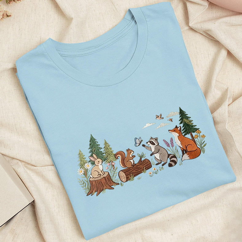 Embroidered Woodland Animals Classic Adult Unisex Crew Neck T-Shirt