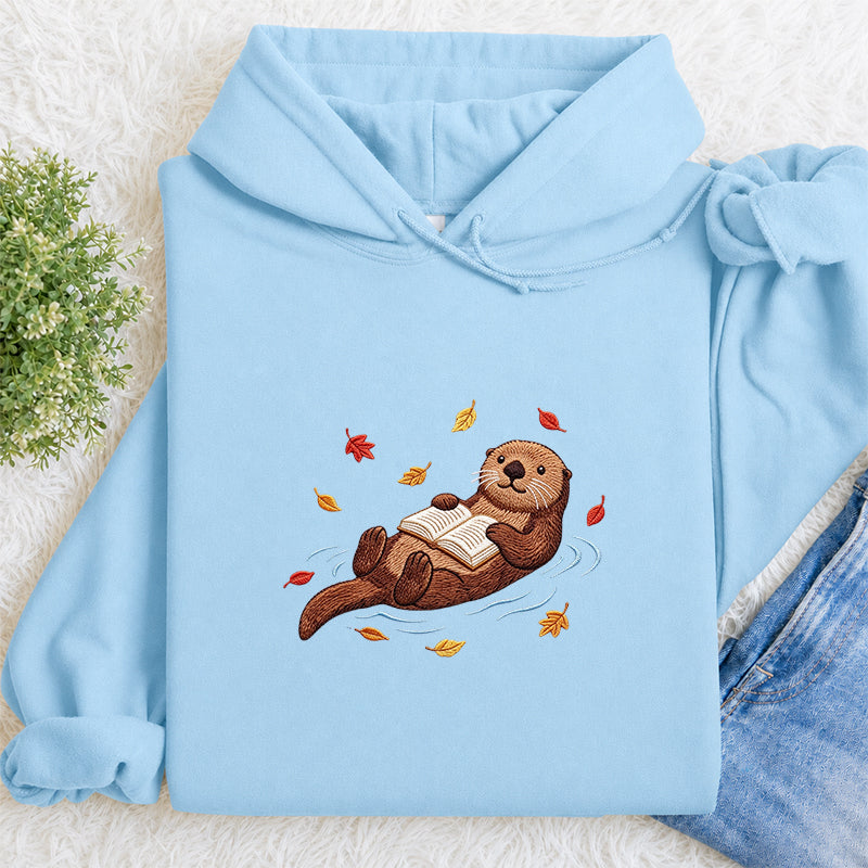 Embroidered Otter Reading Books Classic Adult Unisex Hoodie