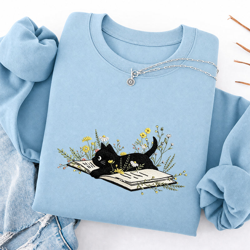 Embroidered Floral Book Cat Classic Crewneck Sweatshirt