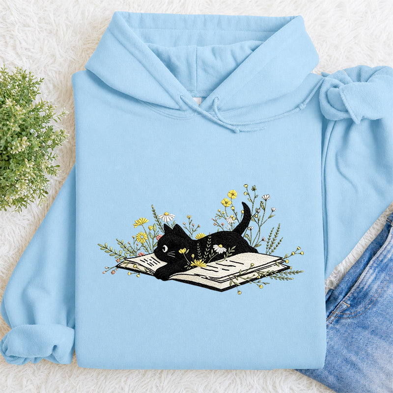 Embroidered Floral Book Cat Classic Adult Unisex Hoodie