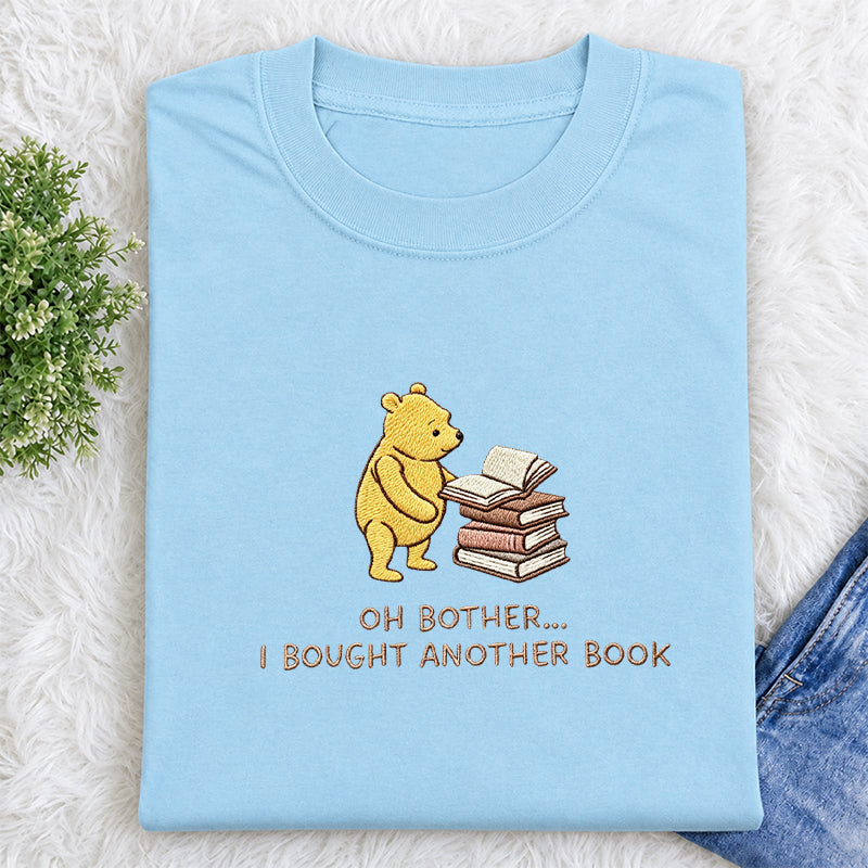 Embroidered Funny Bear Reading Books Classic Crew Neck T-Shirt