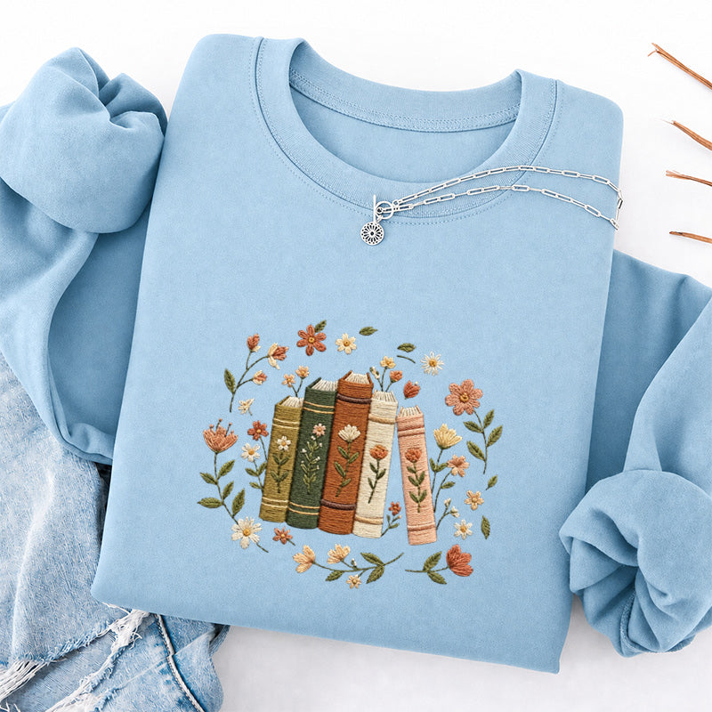 Embroidered Floral Book Stack Classic Crewneck Sweatshirt
