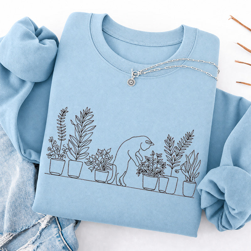 Embroidered Cat and Plant Lover Classic Crewneck Sweatshirt