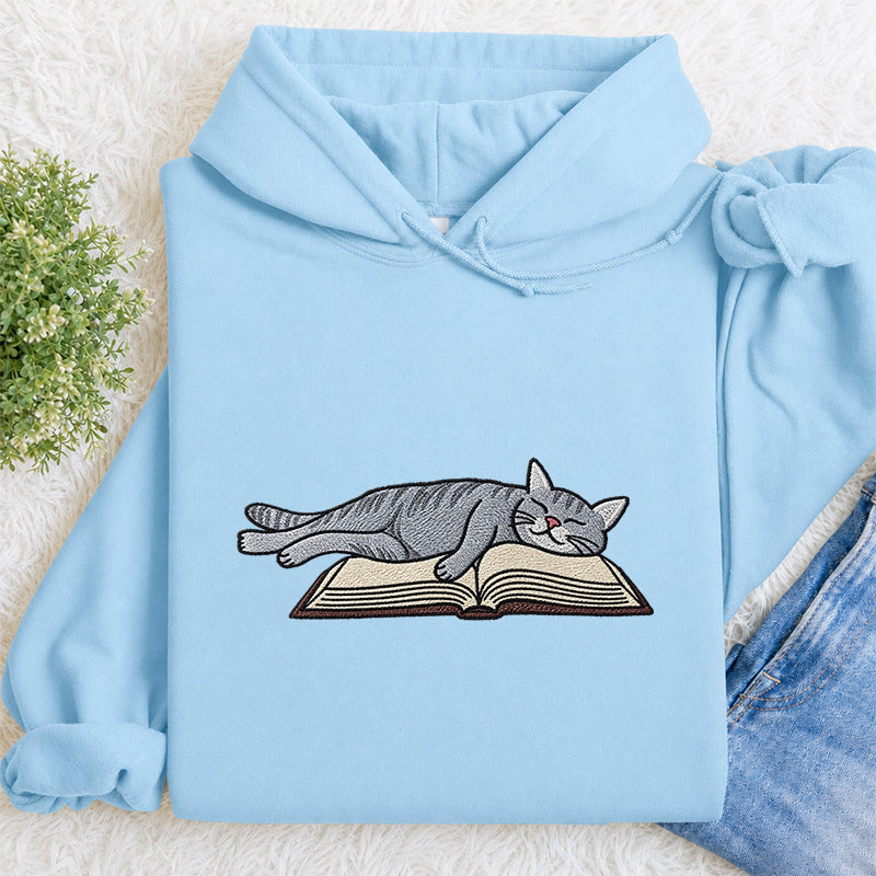 Embroidered Cat Sleeping On Book Classic Adult Unisex Hoodie