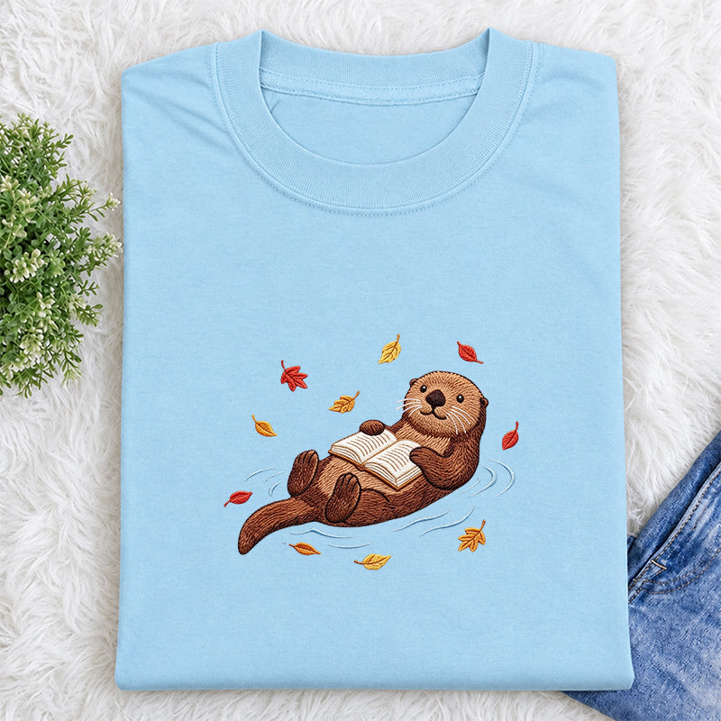 Embroidered Otter Reading Book Classic Crew Neck T-Shirt