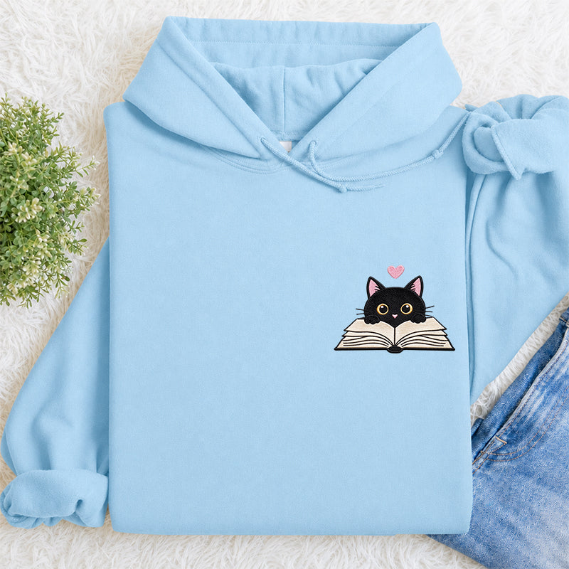 Embroidered Reading Black Cat Classic Adult Unisex Hoodie