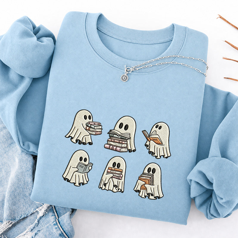 Embroidered Halloween Ghost Reading Classic Crewneck Sweatshirt