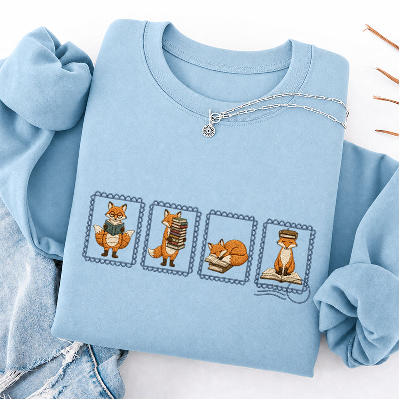 Embroidered Bookish Fox Stamp Classic Crewneck Sweatshirt
