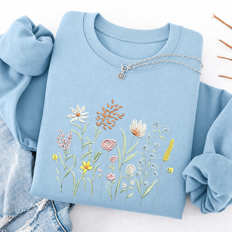Embroidered Cute Wildflowers Classic Crewneck Sweatshirt