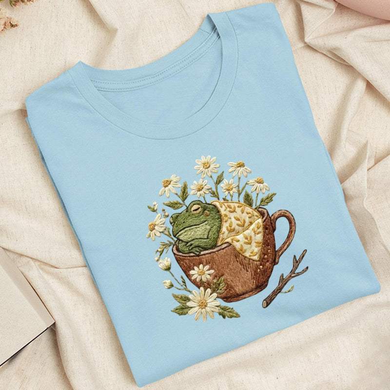 Embroidered Frog in Teacup Classic Adult Unisex Crew Neck T-Shirt
