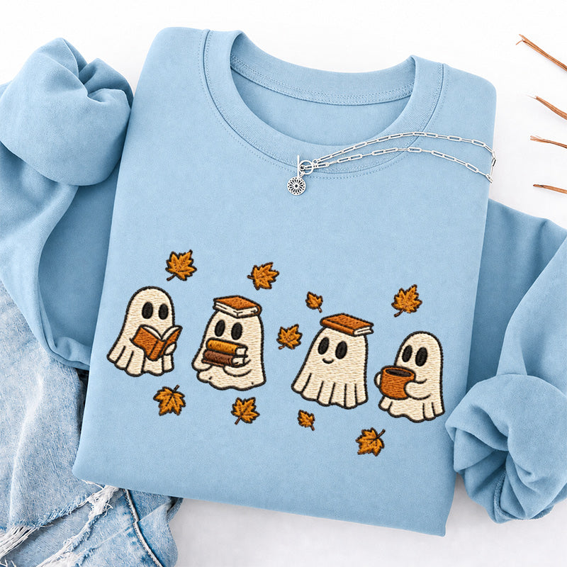 Embroidered Autumn Bookish Ghost Crewneck Sweatshirt