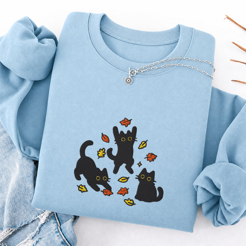 Embroidered Black Cats Fall Leaves Classic Crewneck Sweatshirt