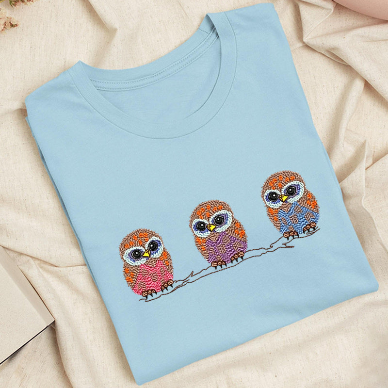 Embroidered Cute Owl Classic Adult Unisex Crew Neck T-Shirt