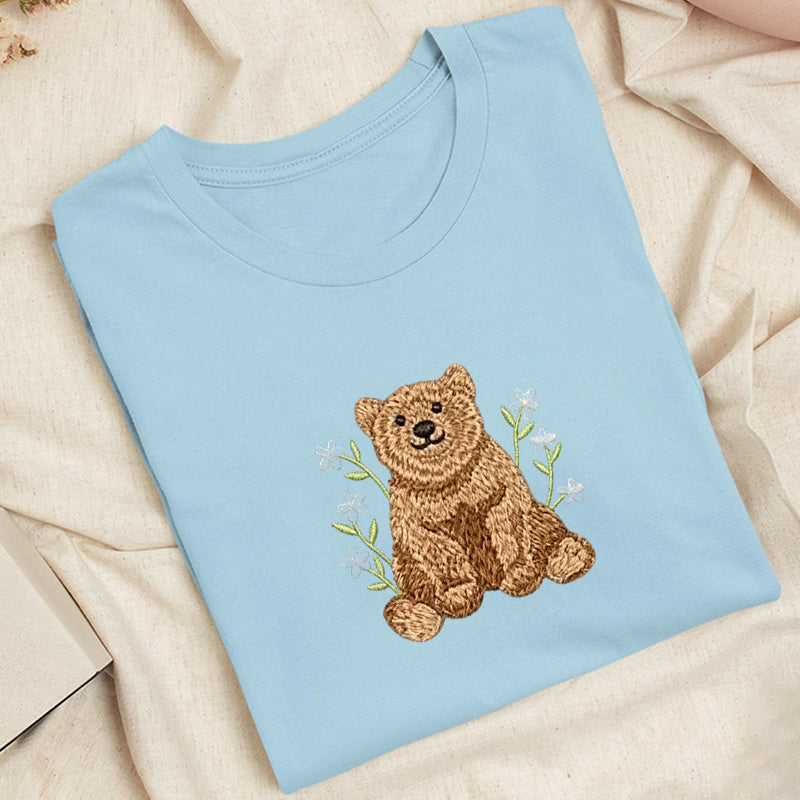 Embroidered Floral Bear Classic Adult Unisex Crew Neck T-Shirt