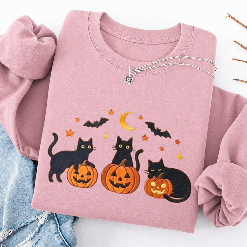 Embroidered Black Cats and Pumpkin Halloween Classic Crewneck Sweatshirts