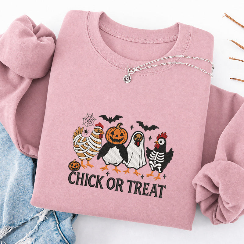 Embroidered Chick Or Treat Classic Crewneck Sweatshirt