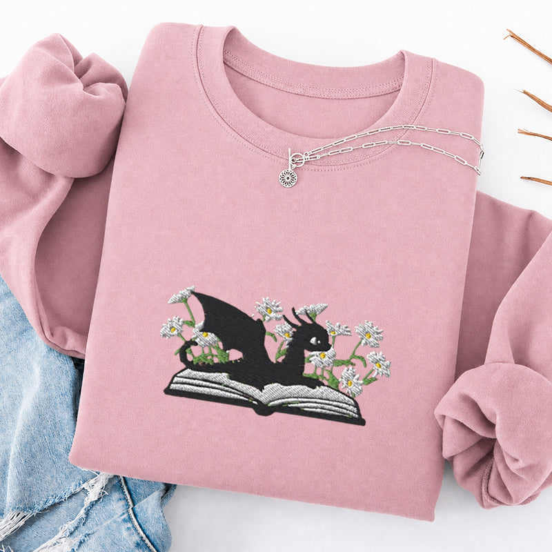 Embroidered Floral Dragon Book Classic Crewneck Sweatshirt