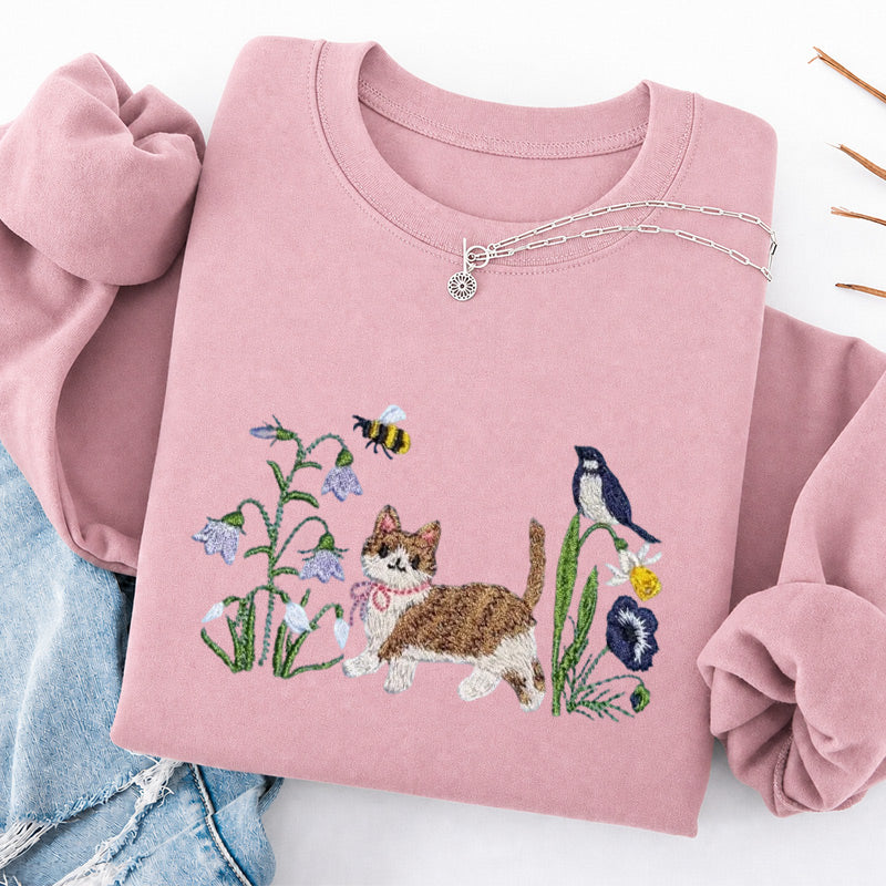 Embroidered Cat Wildflower Classic Crewneck Sweatshirt