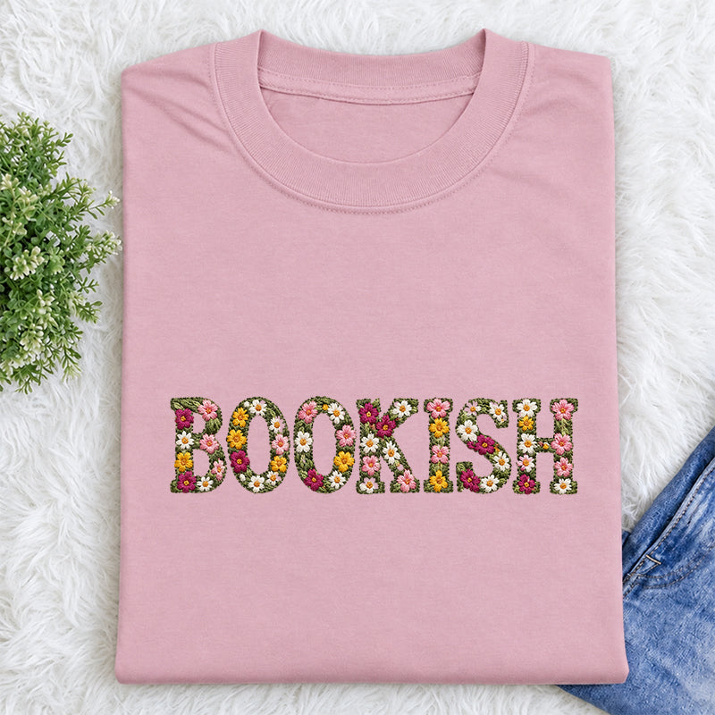 Embroidered Floral Bookish Classic Adult Unisex Crew Neck T-Shirt