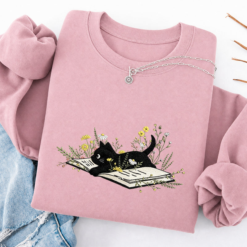 Embroidered Floral Book Cat Classic Crewneck Sweatshirt