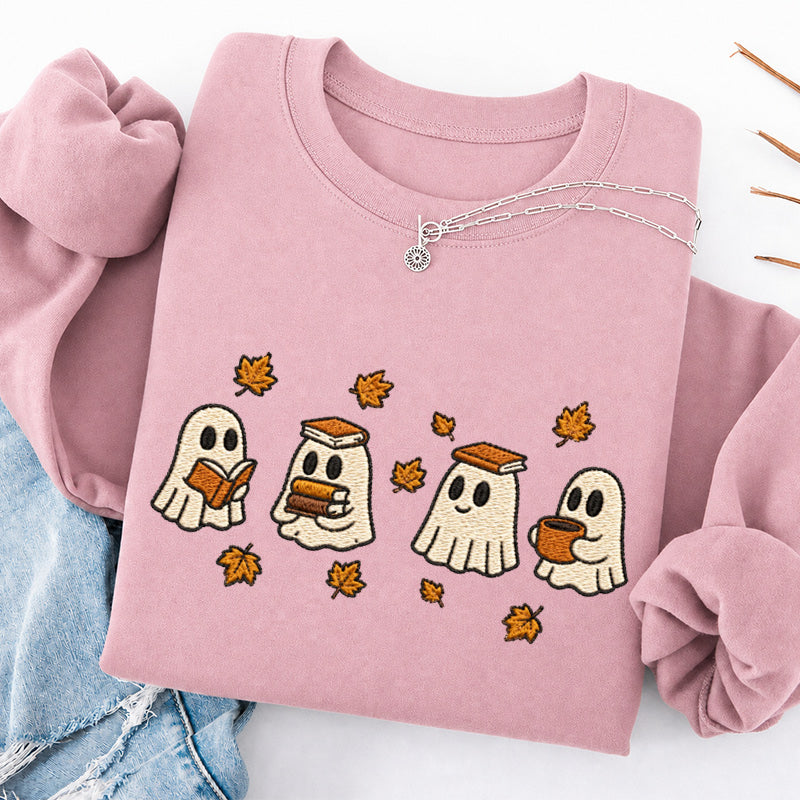 Embroidered Autumn Bookish Ghost Crewneck Sweatshirt