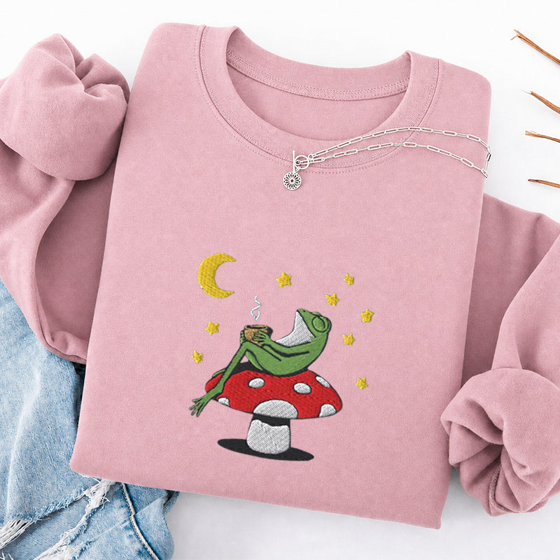 Embroidered Frog Night With Coffee Classic Crewneck Sweatshirt
