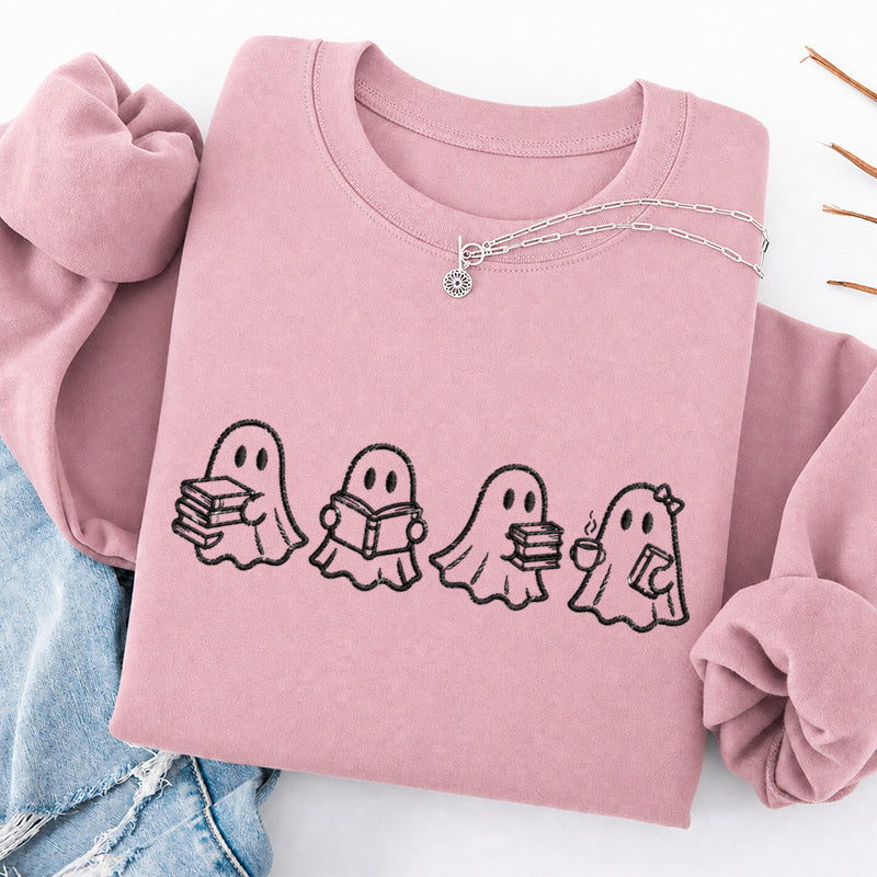 Embroidered Ghost Reading Books Classic Crewneck Sweatshirt