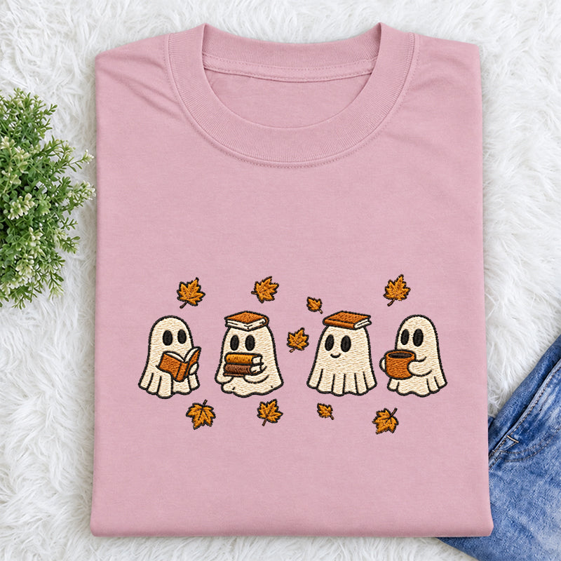 Embroidered Autumn Bookish Ghost Classic Crew Neck T-Shirt