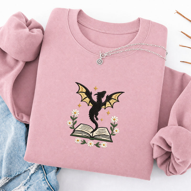 Embroidered Dragon Floral Book Classic Crewneck Sweatshirt