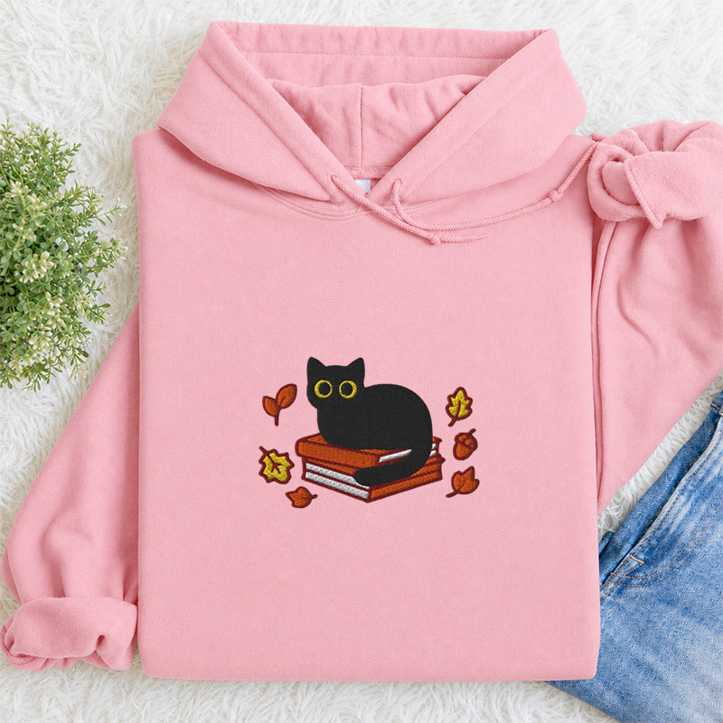Embroidered Autumn Black Cat Book Classic Adult Unisex Hoodie
