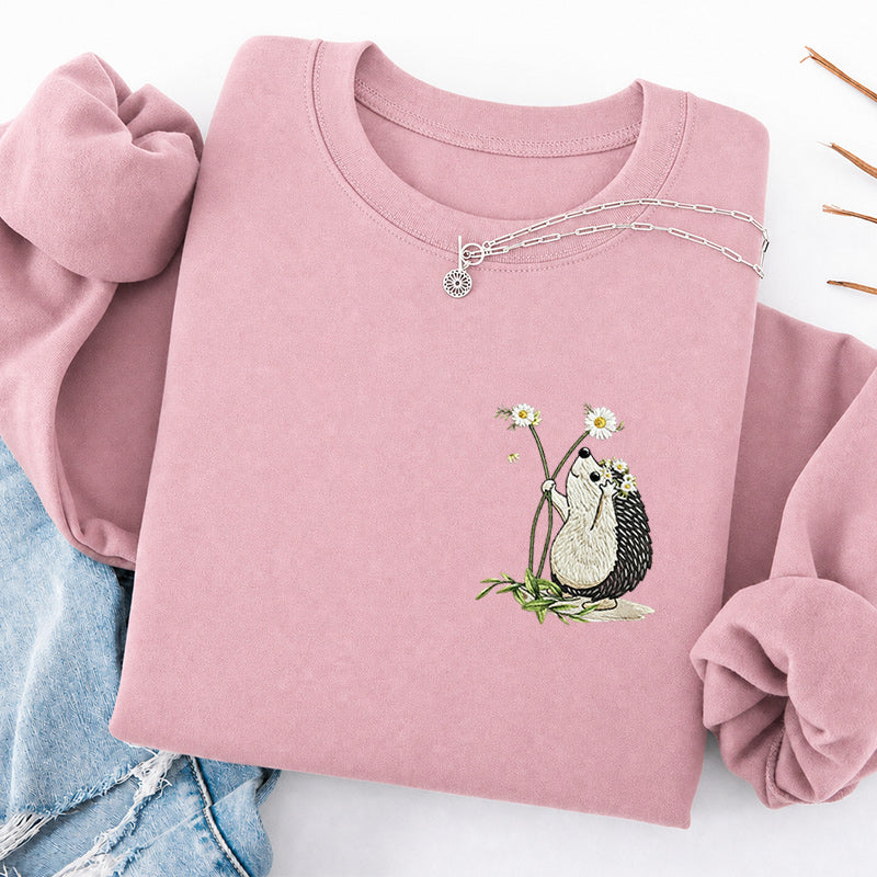 Embroidered Hedgehog Daisy Classic Crewneck Sweatshirt